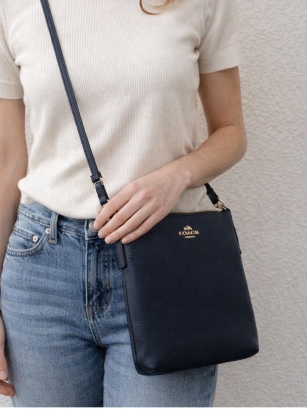 Coach Black Pebbled Leather Crossbody Purse with Gold Logo